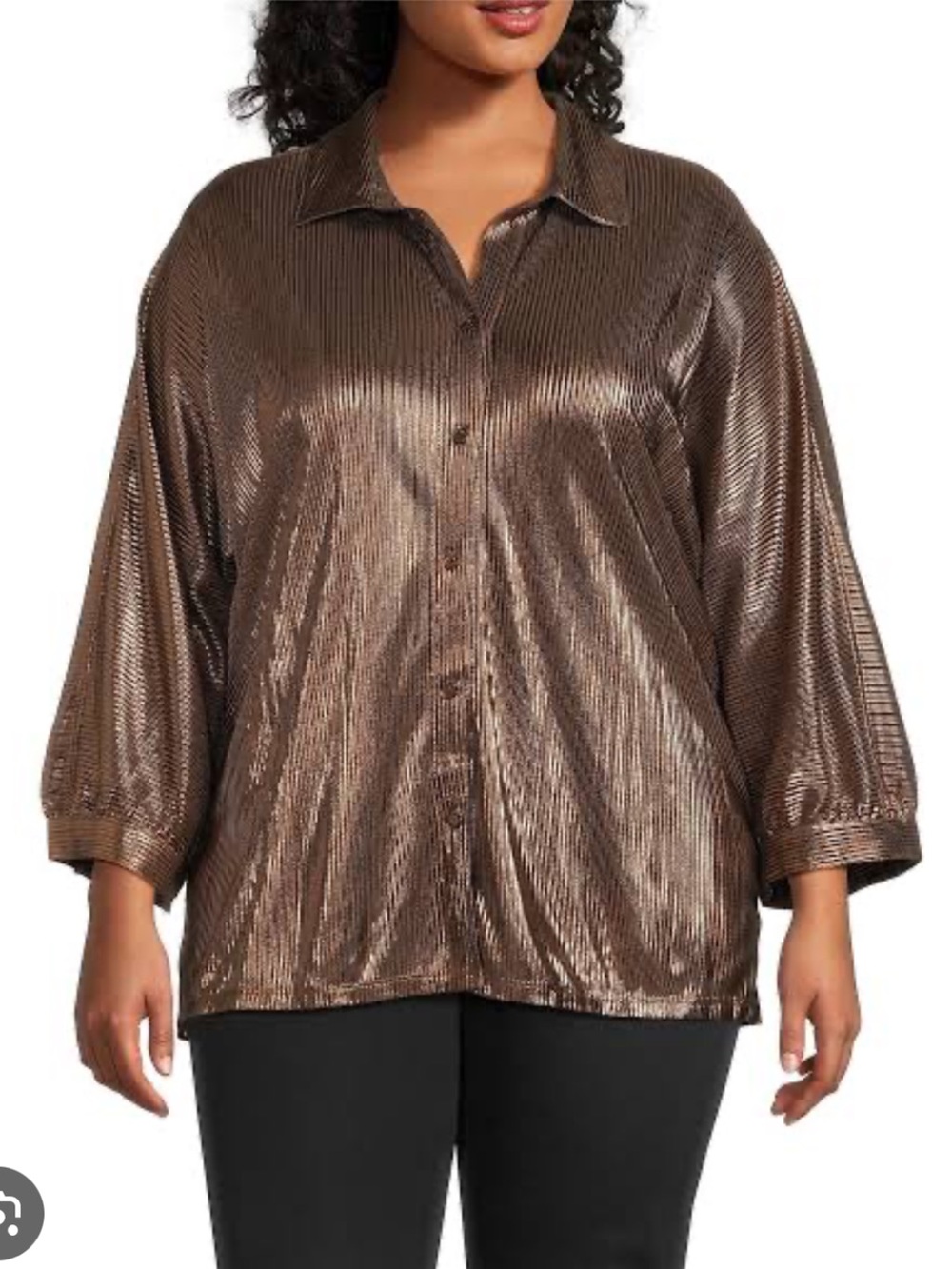 JOHN MARK  Metallic Brown Pleated Button-Front Blouse . Size 1XL